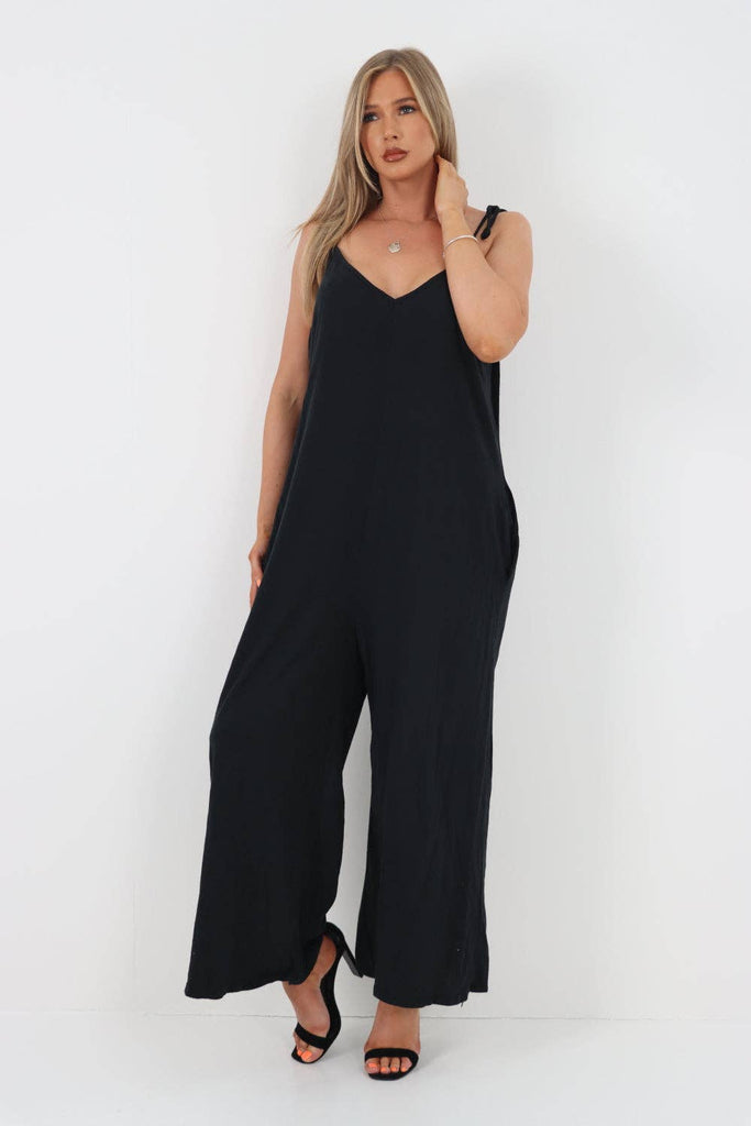 ITALIAN TIE SHOULDER STRAP JUMPSUITS: BLACK