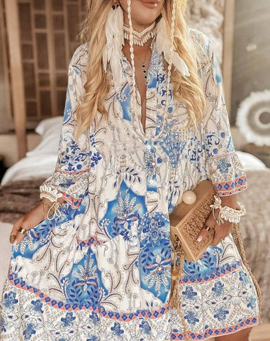 BLUE AND WHITE BOHO PRINT SMOCK TUNIC DRESS