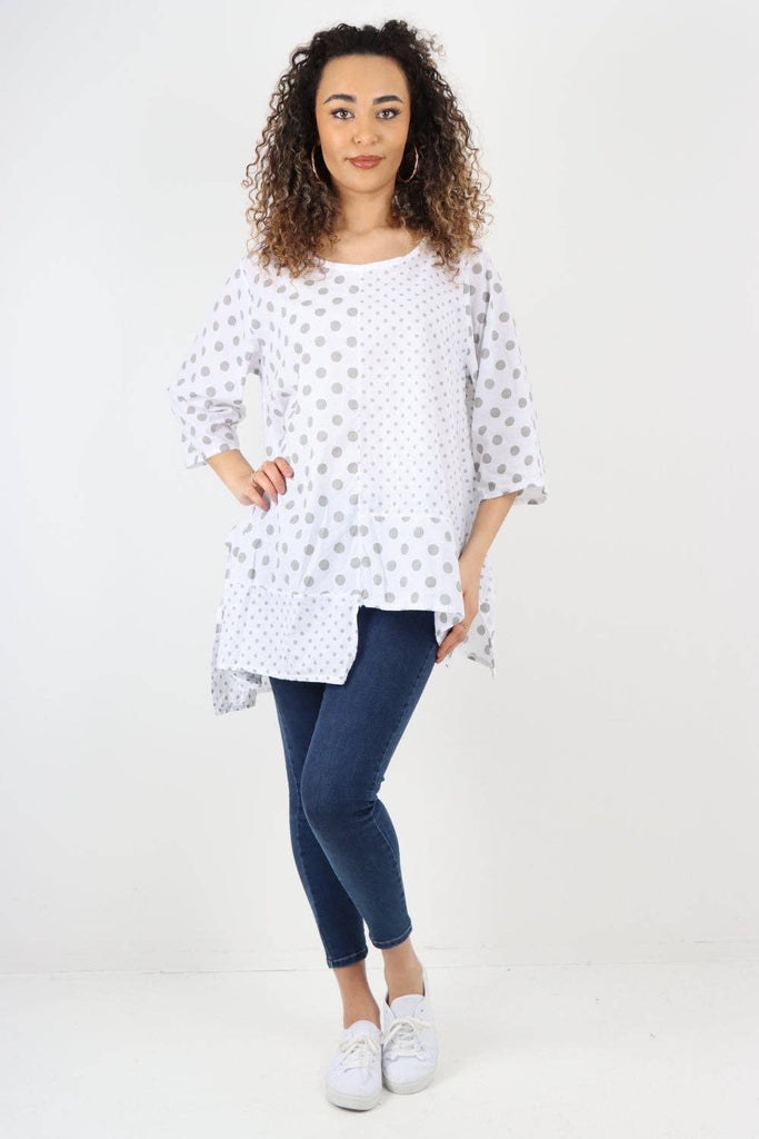 ITALIAN POLKA DOT PRINT ASYMMETRIC COTTON TUNIC TOP: GREY