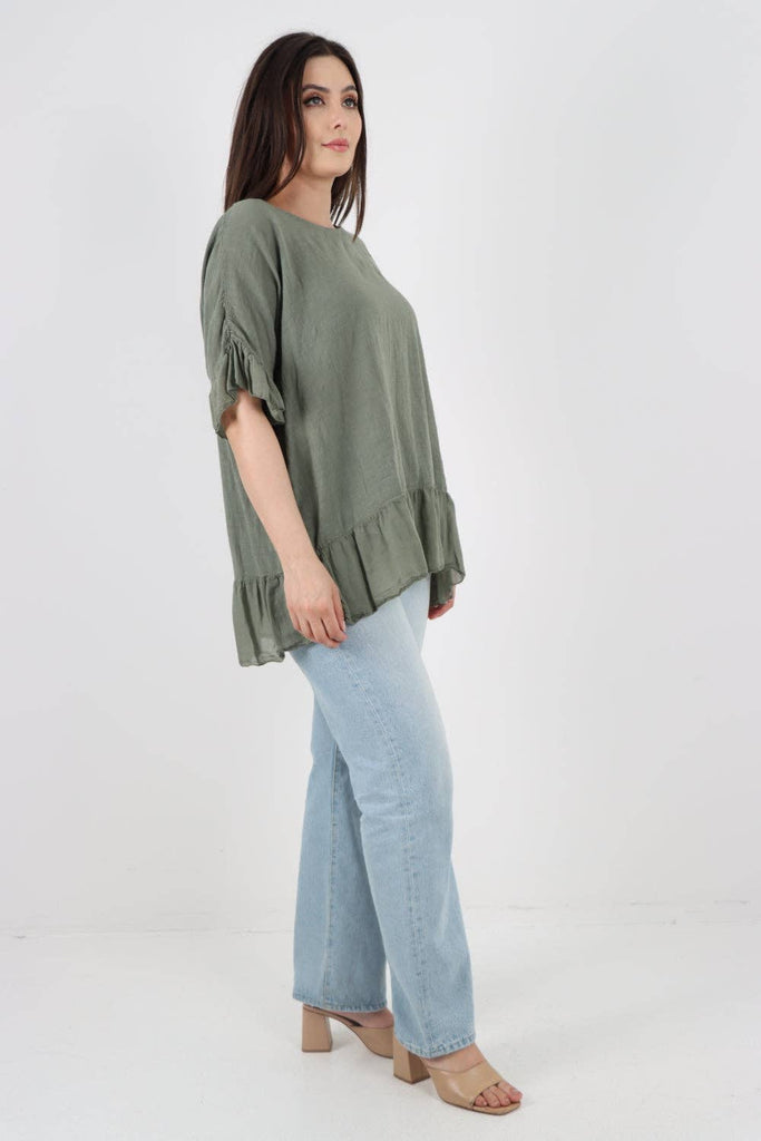 ITALIAN LAGENLOOK RUFFLE HEM COTTON TOP: DARK DENIM