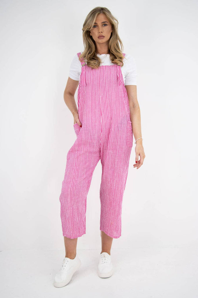 ITALIAN STRIPE PATTERN SIDE POCKETS COTTON DUNGAREES: FUCHSIA