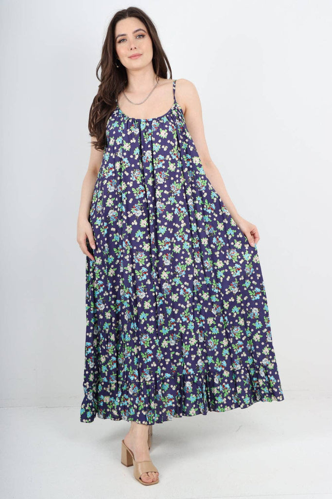 ITALIAN SMALL FLORAL PRINT  FRILL BOTTOM SLEEVELESS VEST SUN DRESS: APPLE GREEN