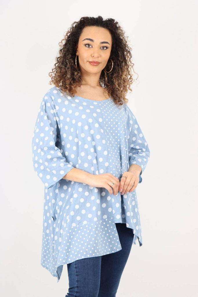 ITALIAN POLKA DOT PRINT ASYMMETRIC COTTON TUNIC TOP: GREY