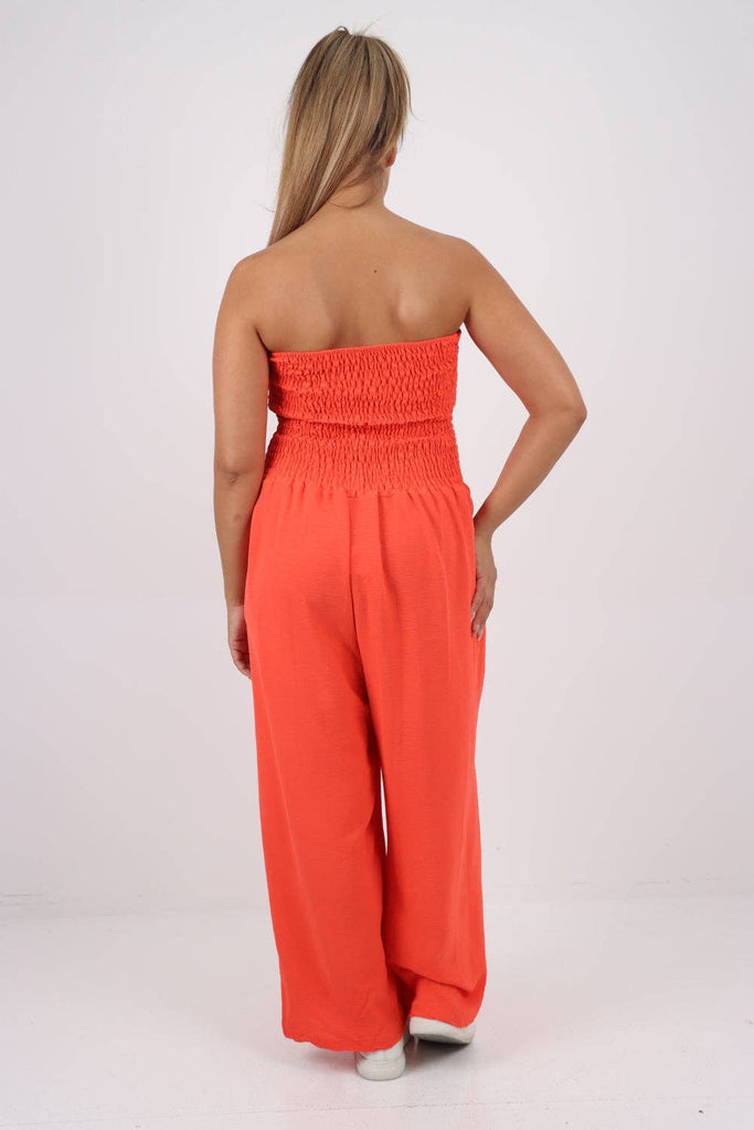 ITALIAN SHIRRED ELASTICATED WIDE LEG JUMPSUIT: BEIGE