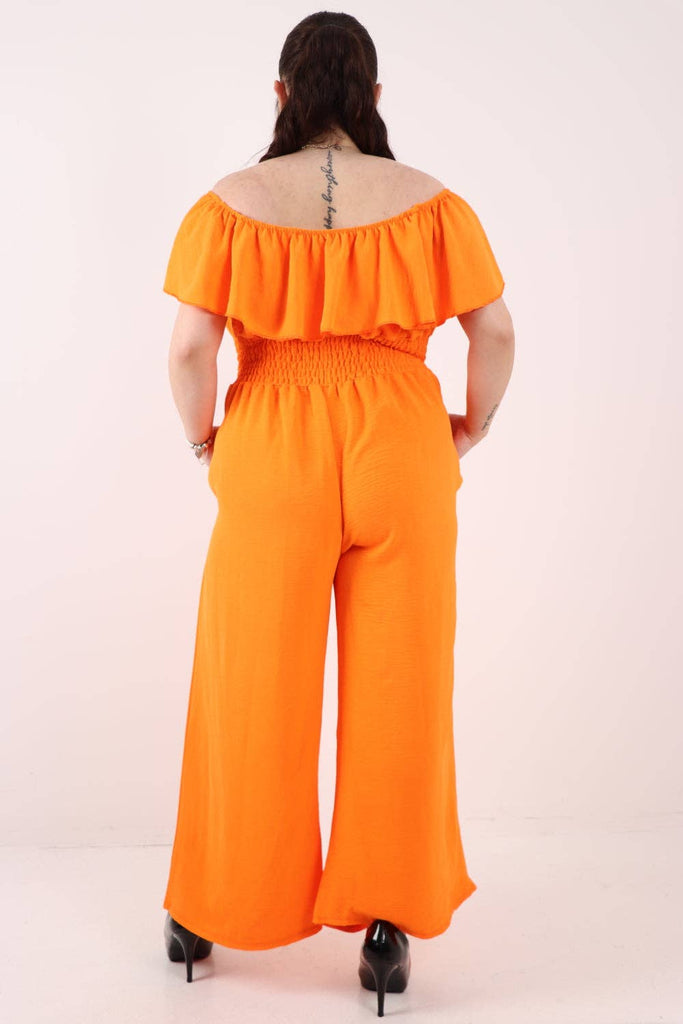 ITALIAN BARDOT OVERLAY SHIRRED ELASTICATED WAIST JUMPSUIT: BRIGHT PINK