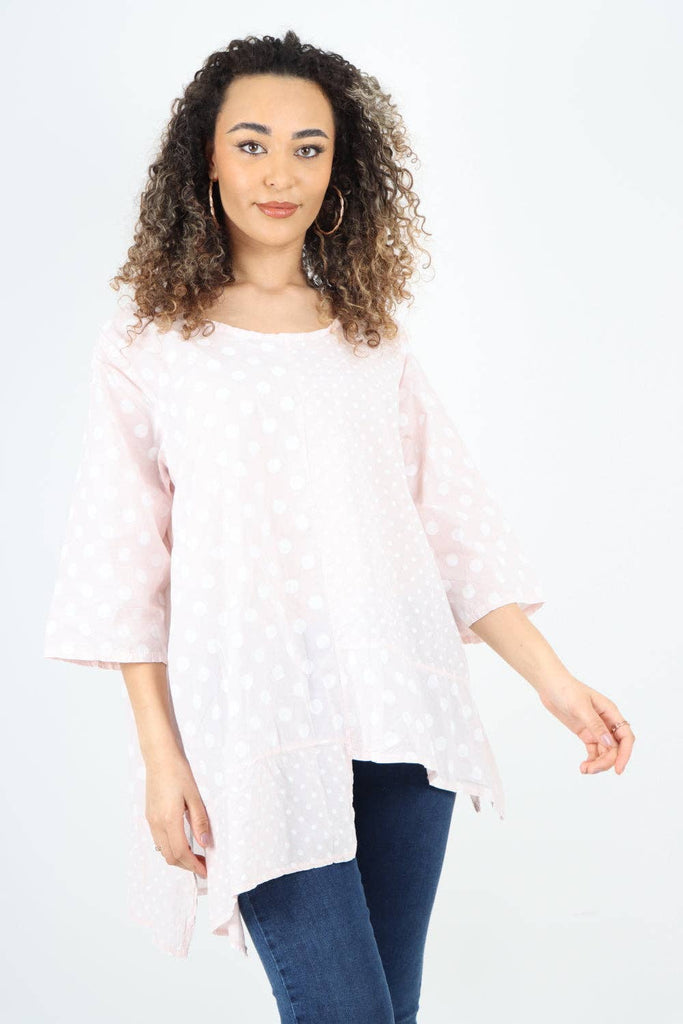 ITALIAN POLKA DOT PRINT ASYMMETRIC COTTON TUNIC TOP: GREY