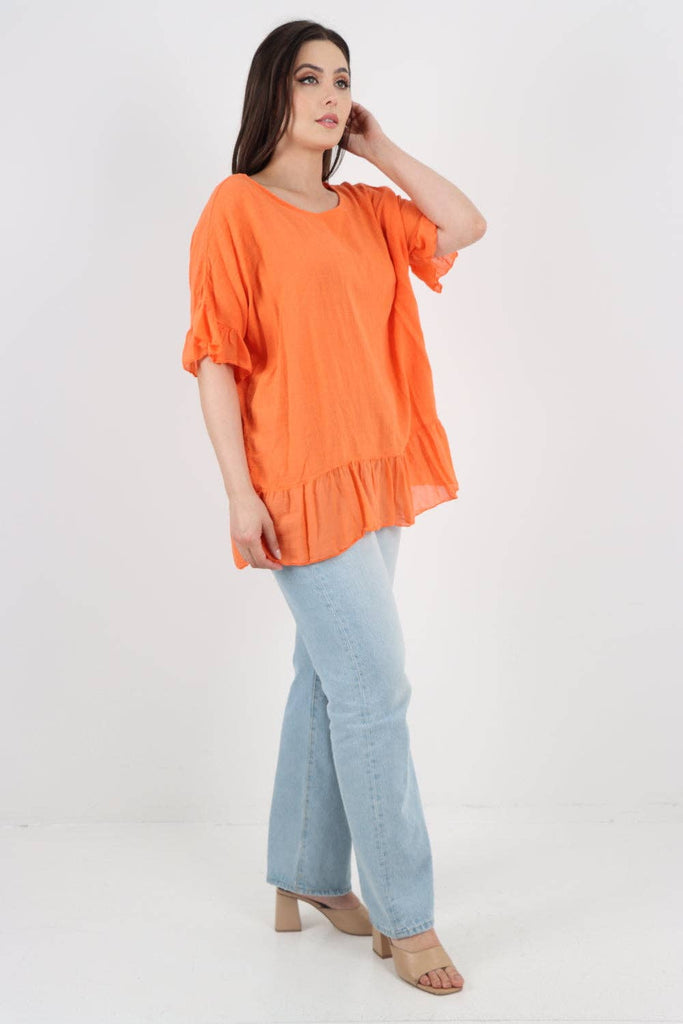 ITALIAN LAGENLOOK RUFFLE HEM COTTON TOP: DARK DENIM