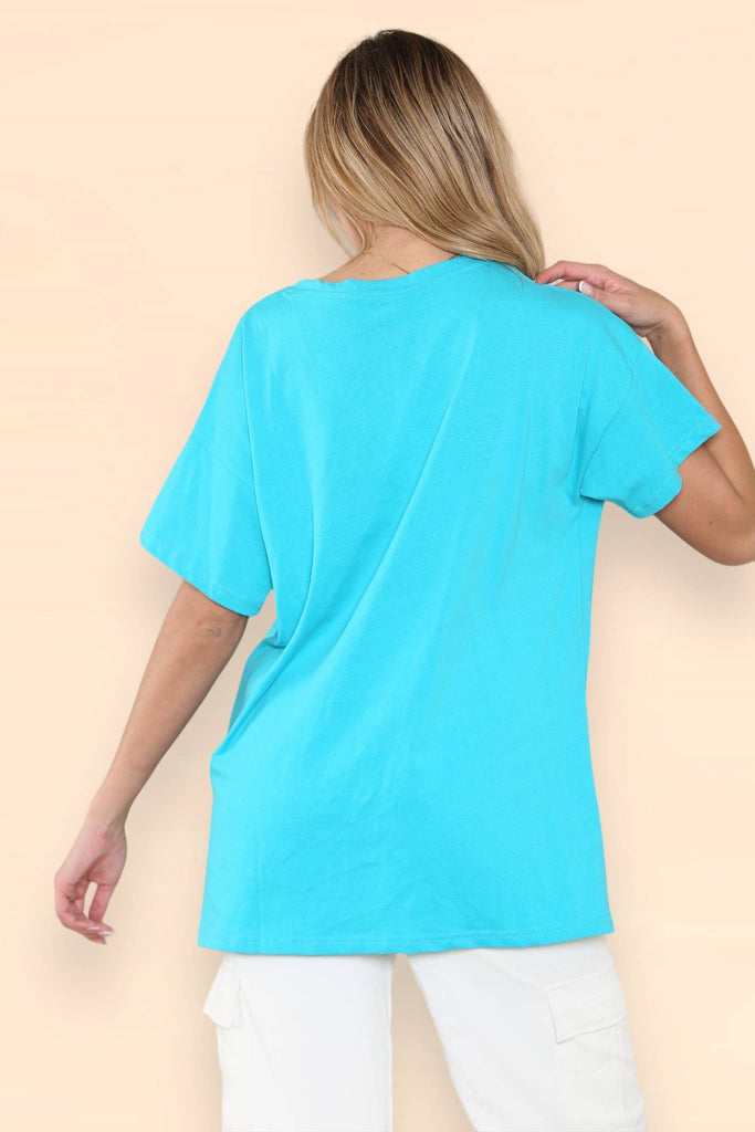 OVERSIZED HIGH LOW V NECK BASIC COTTON T-SHIRT: AQUA BLUE