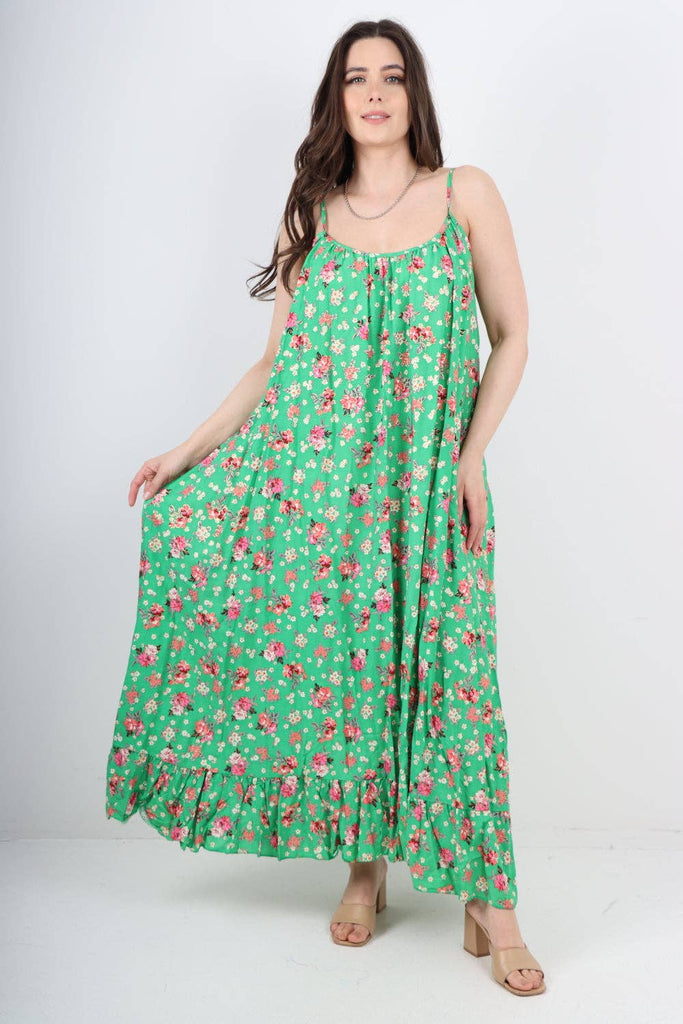 ITALIAN SMALL FLORAL PRINT  FRILL BOTTOM SLEEVELESS VEST SUN DRESS: APPLE GREEN