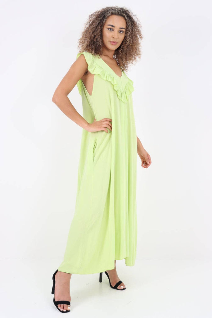 ITALIAN FRILL V NECK SIDE POCKETS MAXI DRESS: PINK / ONE SIZE TO FIT UK 8-18