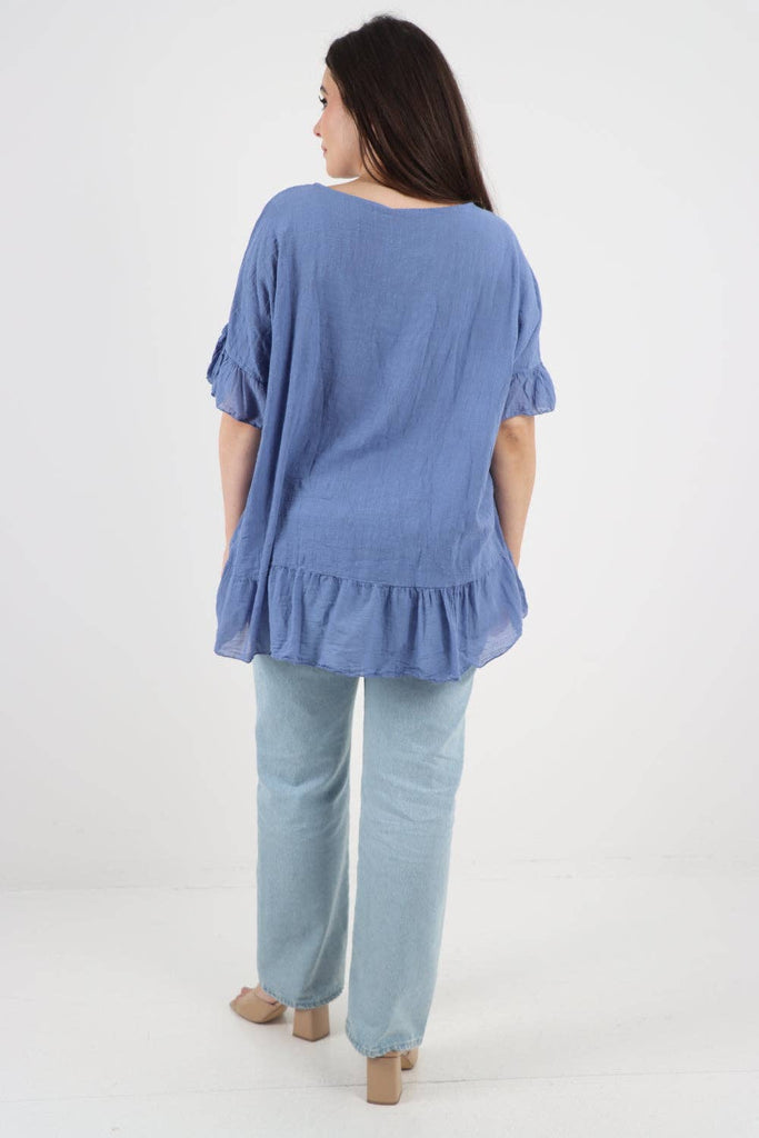 ITALIAN LAGENLOOK RUFFLE HEM COTTON TOP: DARK DENIM