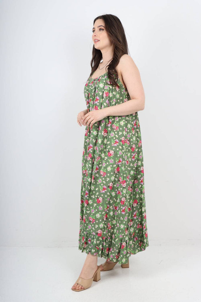 ITALIAN SMALL FLORAL PRINT  FRILL BOTTOM SLEEVELESS VEST SUN DRESS: APPLE GREEN