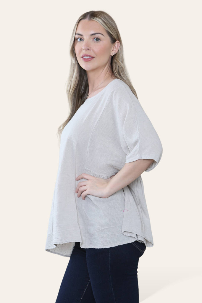 PURE COTTON PLAIN BASIC TOP WITH RUCHED SIDES: PINK