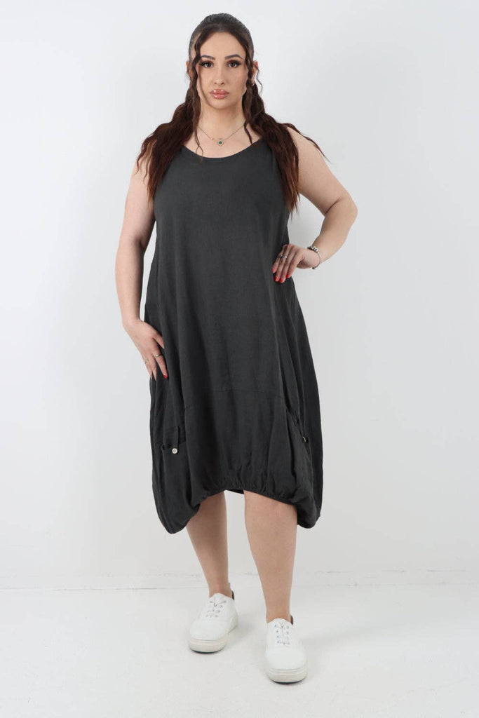 ITALIAN PLAIN BUTTON FRONT POCKETS LINEN VEST MIDI DRESS: DARK GREY