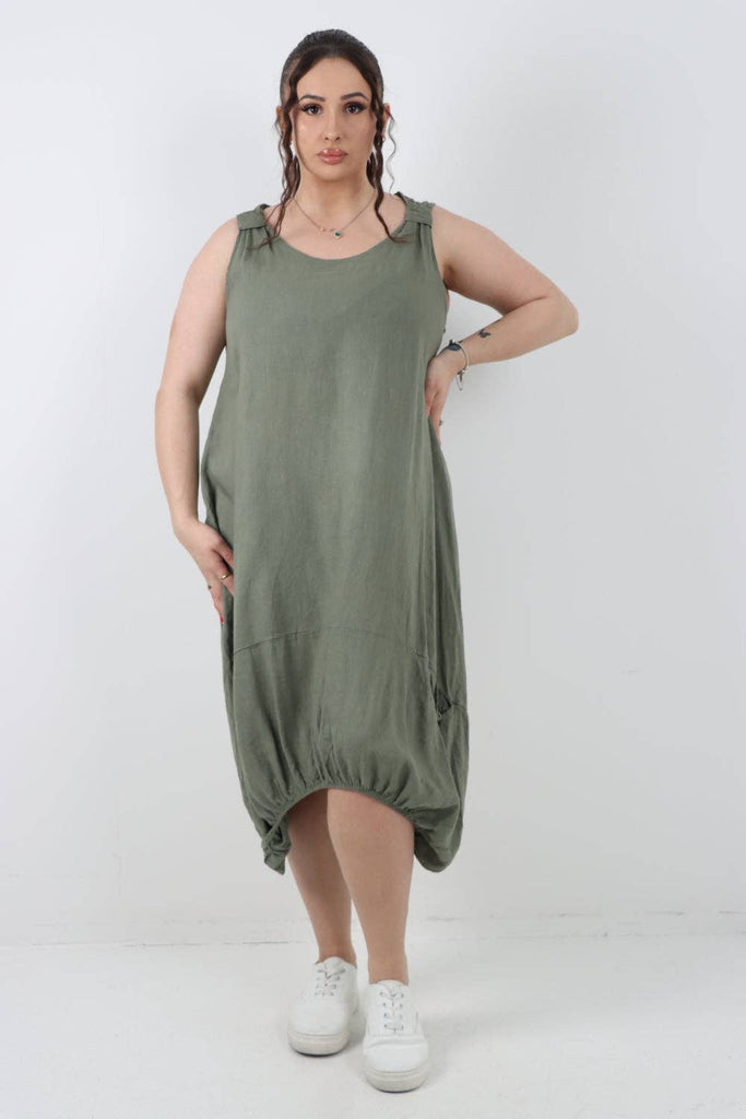 ITALIAN PLAIN BUTTON FRONT POCKETS LINEN VEST MIDI DRESS: DARK GREY