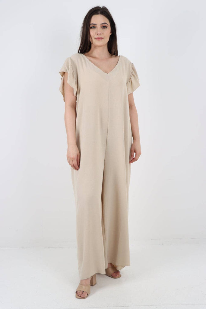 ITALIAN RUFFLED SLEEVE BACK TIE OPEN WIDE LEG JUMPSUIT: BEIGE