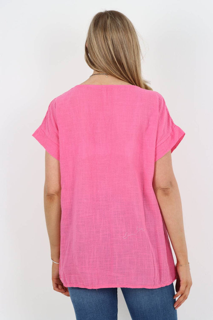 ITALIAN SHORT SLEEVE COTTON NECKLACE TOP: CORAL