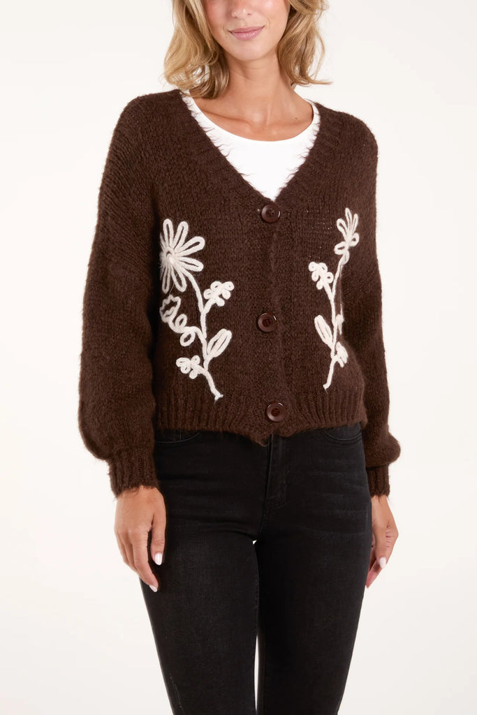 FLOWER EMBROIDERED KNIT CARDIGAN - CHOCOLATE