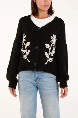 FLOWER EMBROIDERED KNIT CARDIGAN - BLACK