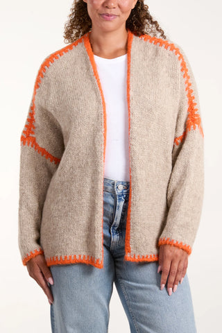 STITCH CONTRAST HEM KNIT CARDIGAN - BEIGE