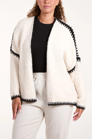 STITCH CONTRAST HEM KNIT CARDIGAN - CREAM