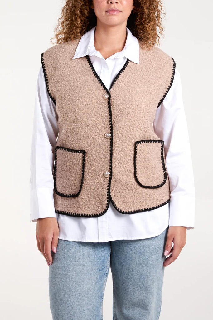 BLANKET STITCH GOLD BUTTONS WAISTCOAT - CAMEL