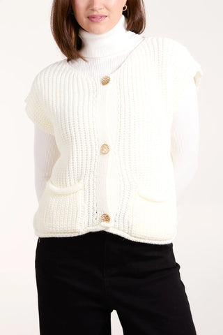 RIBBED CHUNKY KNIT POCKETS WAISTCOAT - CREAM