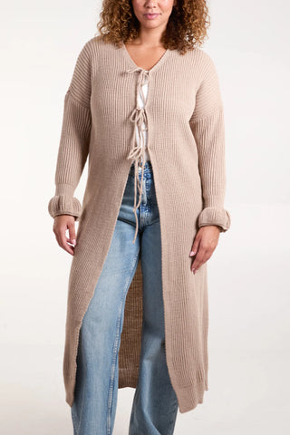 TRIPLE TIE FRONT RIBBED LONG CARDIGAN - STONE