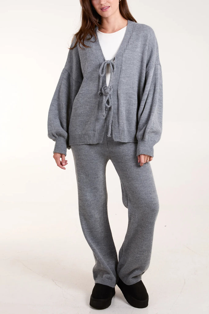 DOUBLE TIE CARDIGAN AND TROUSERS KNIT SET - GREY