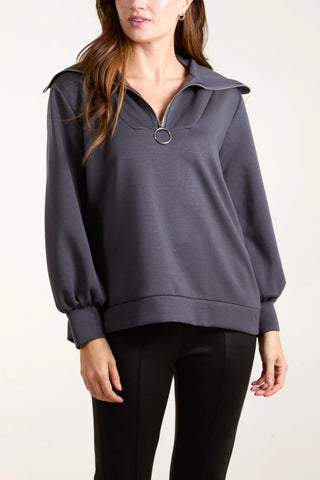 ZIPPED HIGH NECK SWEAT TOP - CHARCOAL