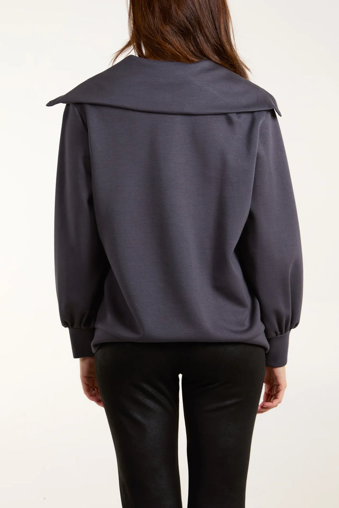 ZIPPED HIGH NECK SWEAT TOP - CHARCOAL