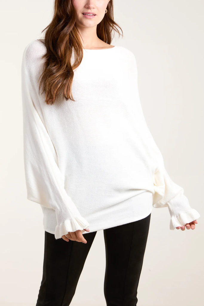 BOAT NECK RUFFLED SLEEVE JUMPER - CREAM