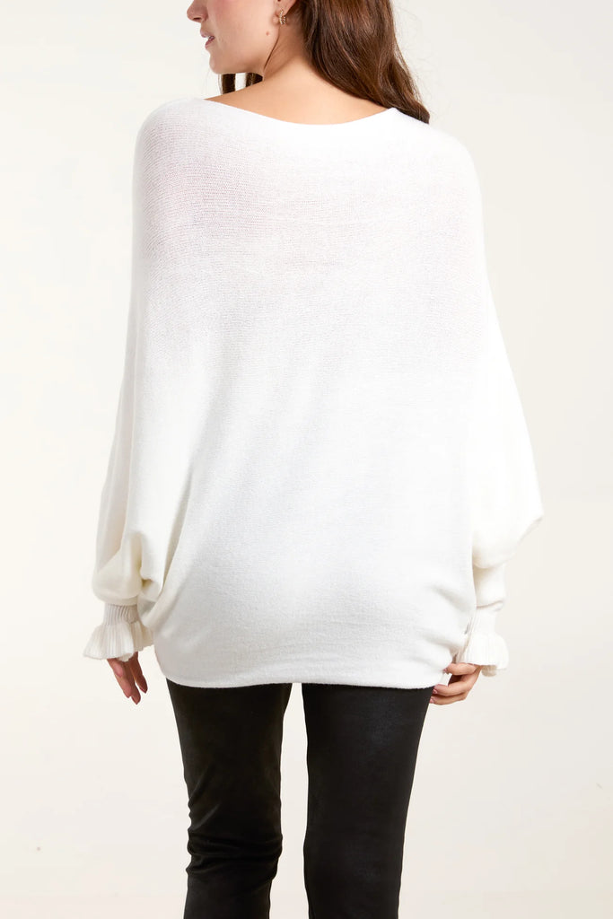 BOAT NECK RUFFLED SLEEVE JUMPER - CREAM