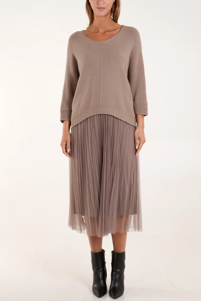 TULLE DRESS & TEXTURE BATWING JUMPER SET - STONE