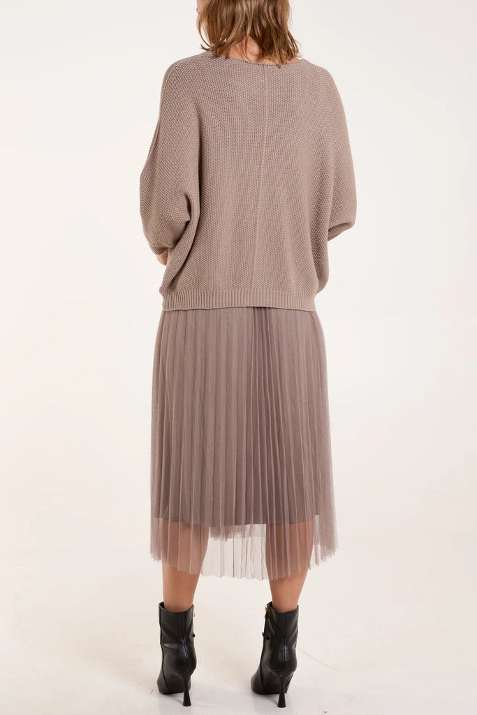 TULLE DRESS & TEXTURE BATWING JUMPER SET - STONE