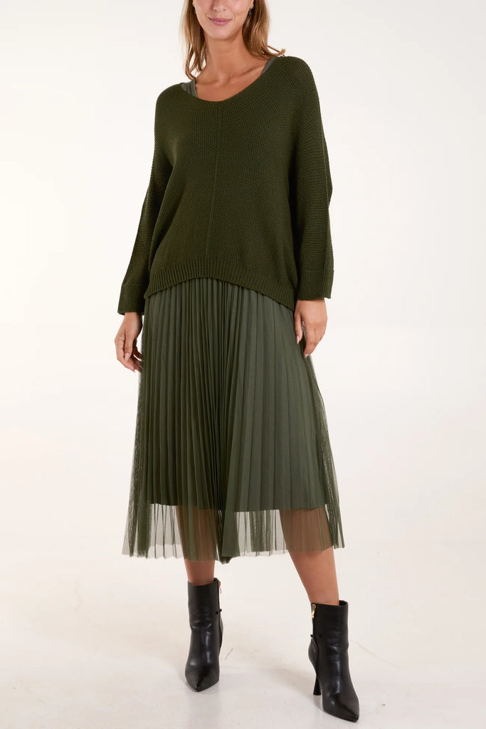 TULLE DRESS & TEXTURE BATWING JUMPER SET - KHAKI