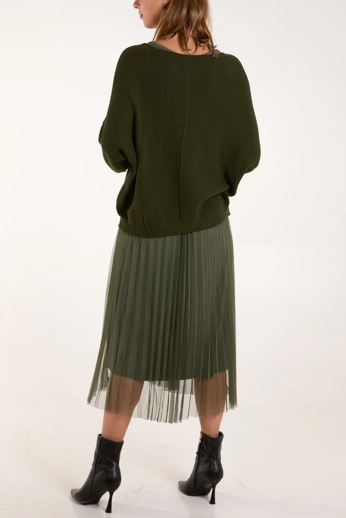 TULLE DRESS & TEXTURE BATWING JUMPER SET - KHAKI