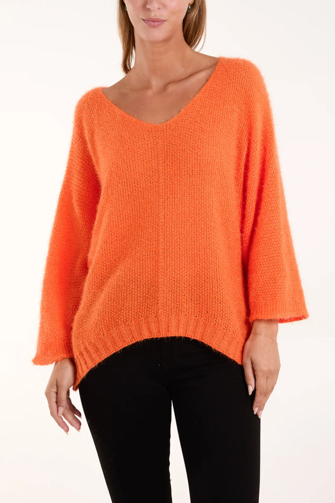 FLUFFY TEXTURE V-NECK JUMPER - ORANGE