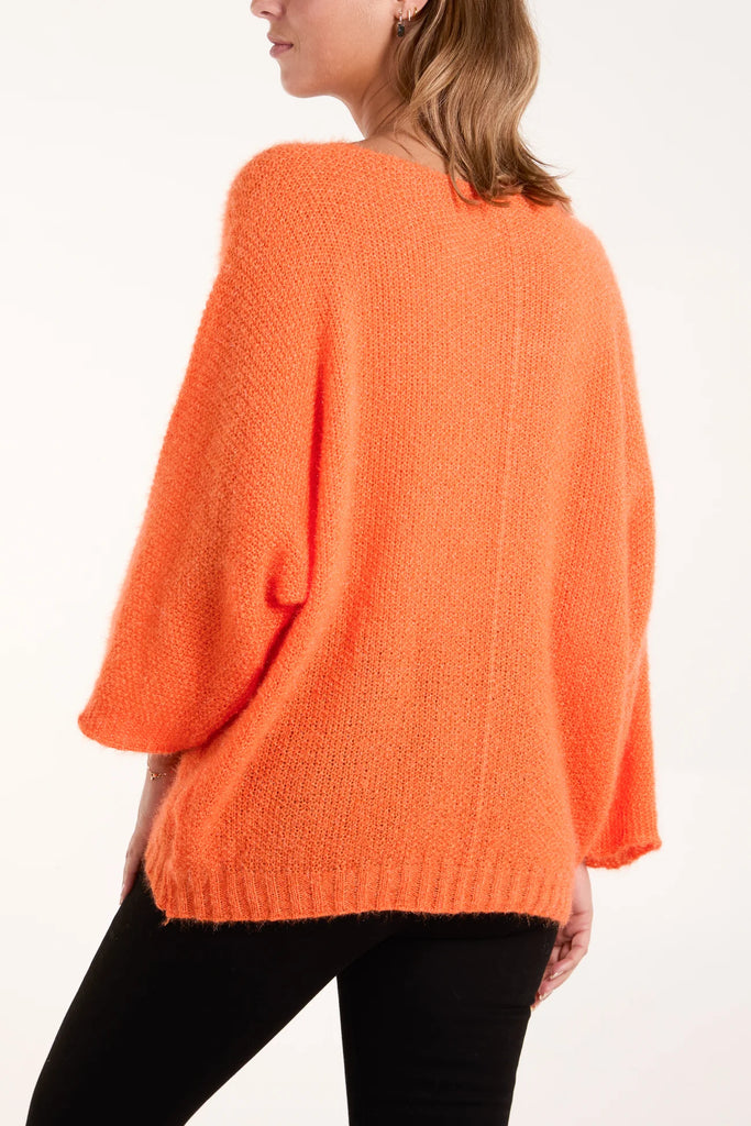 FLUFFY TEXTURE V-NECK JUMPER - ORANGE