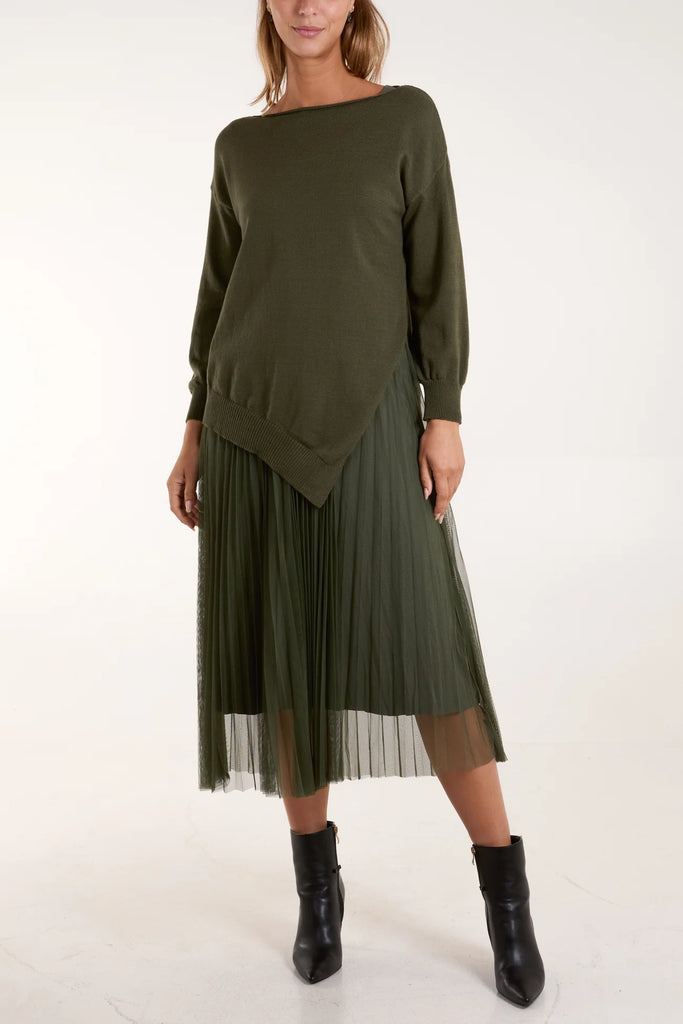 ROUND NECK JUMPER PLEATED DRESS SET - KHAKI