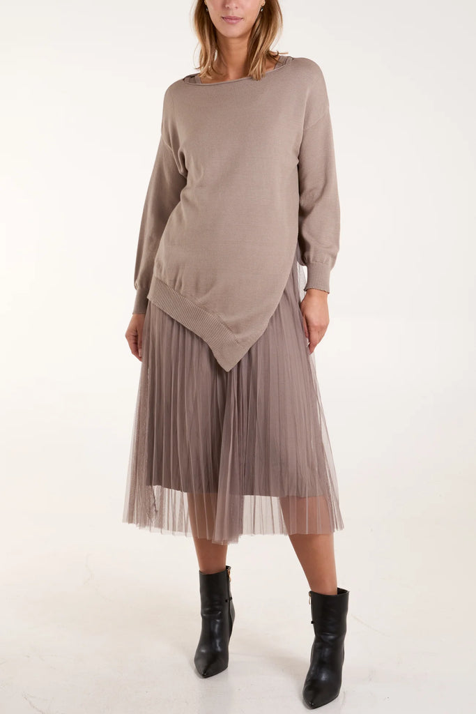 ROUND NECK JUMPER PLEATED DRESS SET - MOCHA