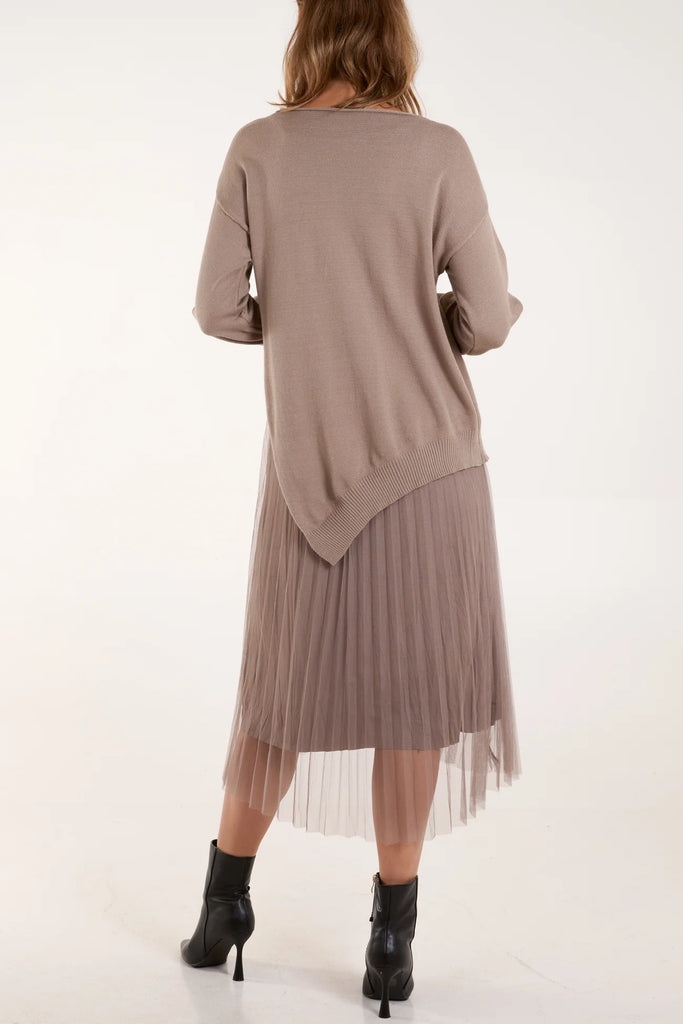 ROUND NECK JUMPER PLEATED DRESS SET - MOCHA