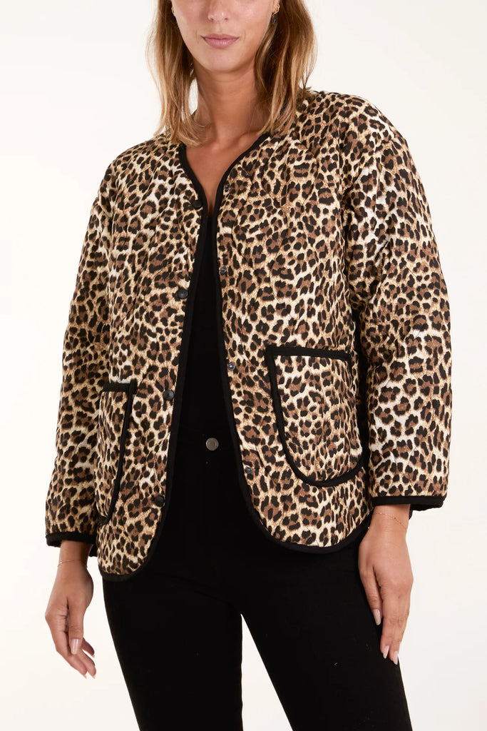 LEOPARD COLLARLESS QUILTED JACKET