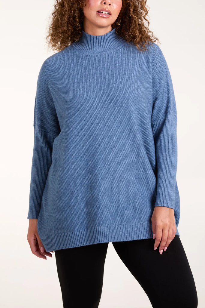 HIGH NECK BATWING TEXTURE JUMPER - BLUE