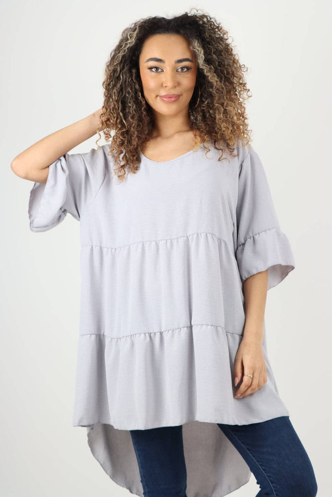 ITALIAN DIP HEM SHORT SLEEVE ROUND NECK TIERED SMOCK DRESS: GREY