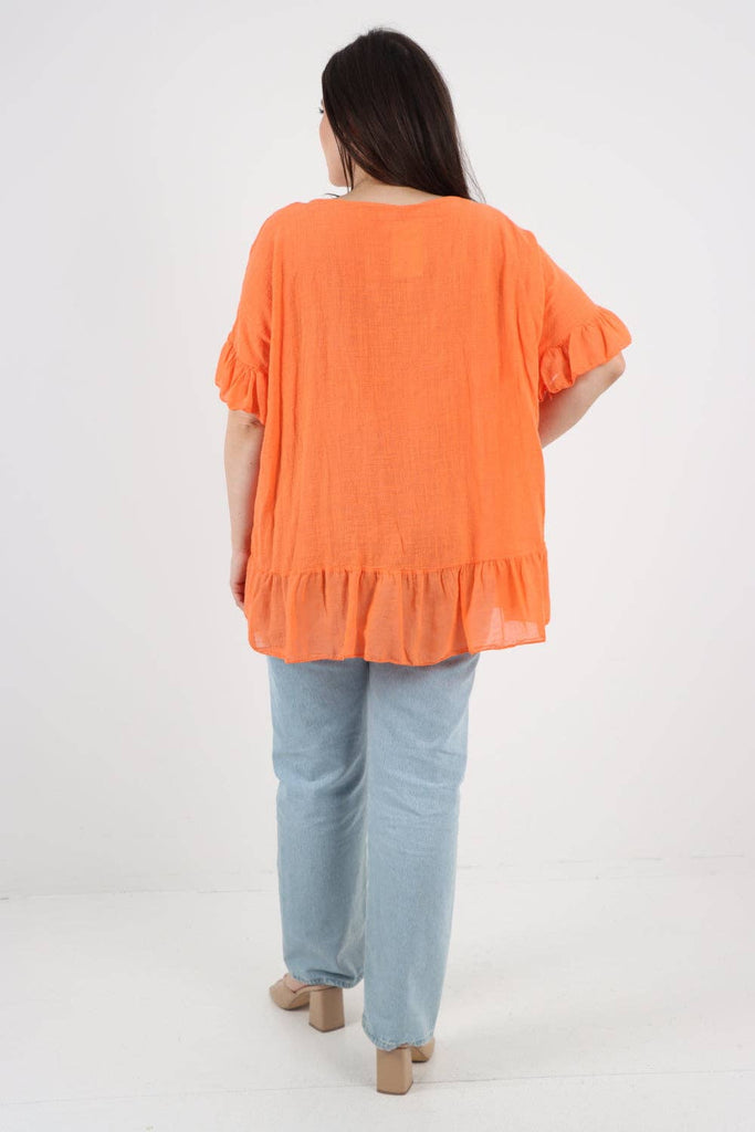 ITALIAN LAGENLOOK RUFFLE HEM COTTON TOP: DARK DENIM