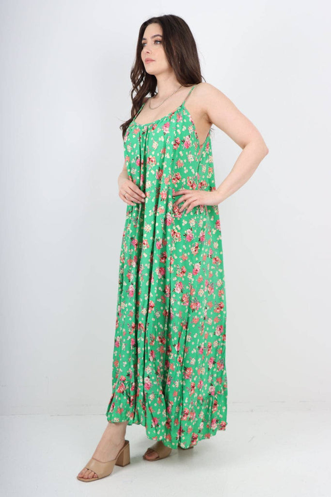 ITALIAN SMALL FLORAL PRINT  FRILL BOTTOM SLEEVELESS VEST SUN DRESS: APPLE GREEN