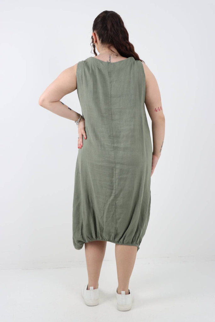 ITALIAN PLAIN BUTTON FRONT POCKETS LINEN VEST MIDI DRESS: DARK GREY