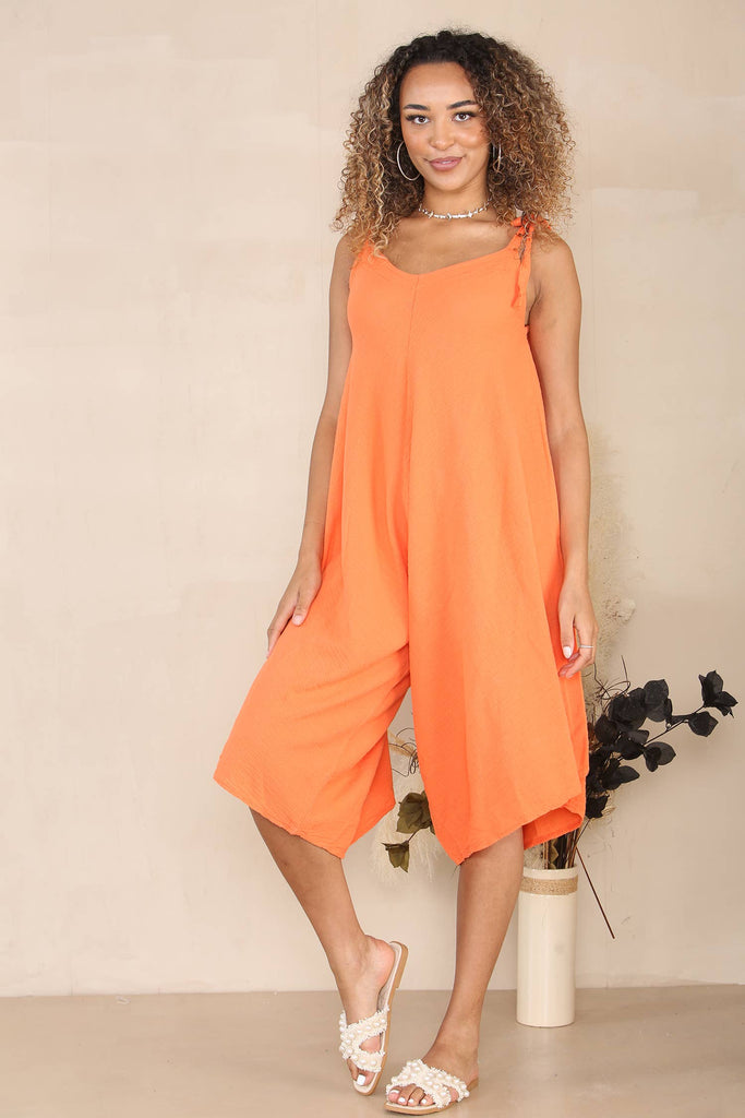 TIE SHOULDER RELAXED ROMPER JUMPSUIT: ORANGE