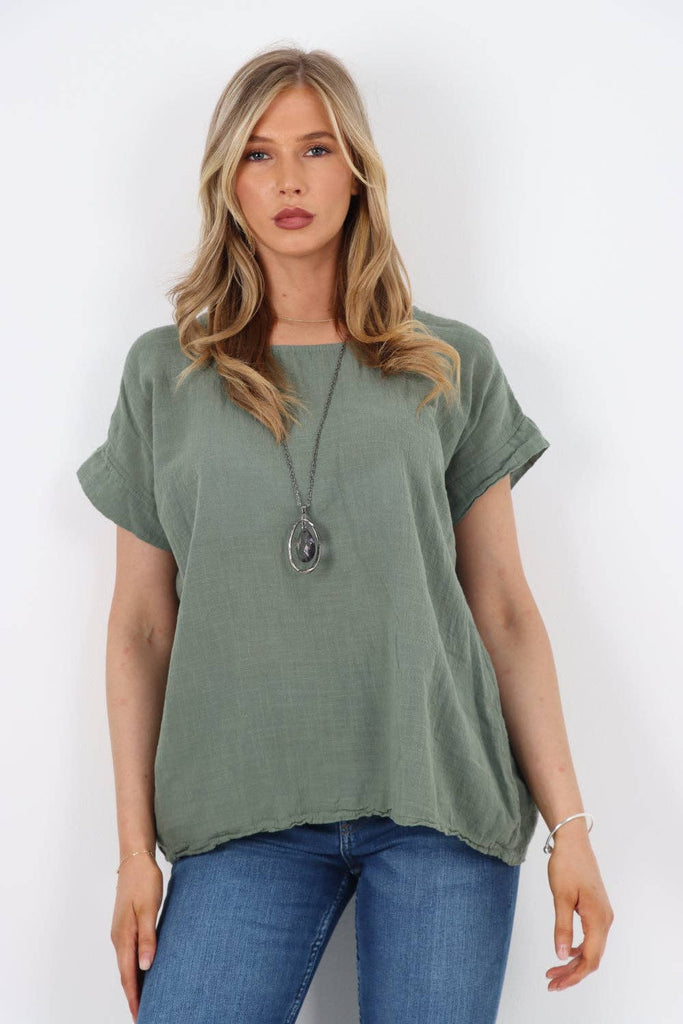 ITALIAN SHORT SLEEVE COTTON NECKLACE TOP: TURQUOISE